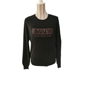 MNY Marc NY Woman Rhinestone Logo Embellished Black Knit Sweater Size L